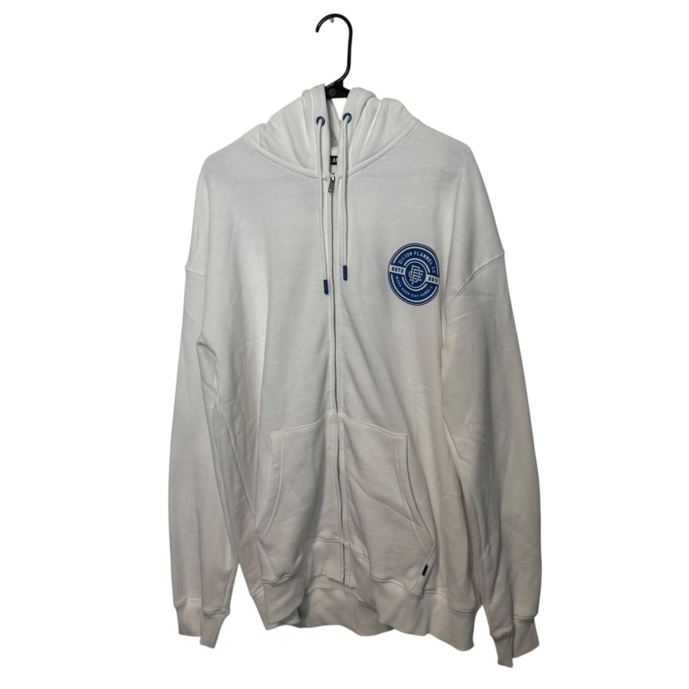Dixxon Hoodie Mens Large White Blue Full Zip Sweatshirt Work Hard Badge NWOT